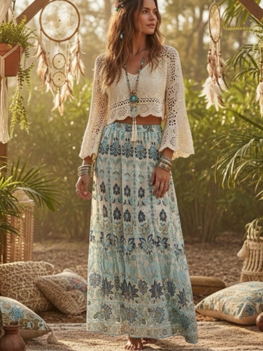 Soft Surroundings Maxi Skirt Alexandria Turquoise Embroidery boho